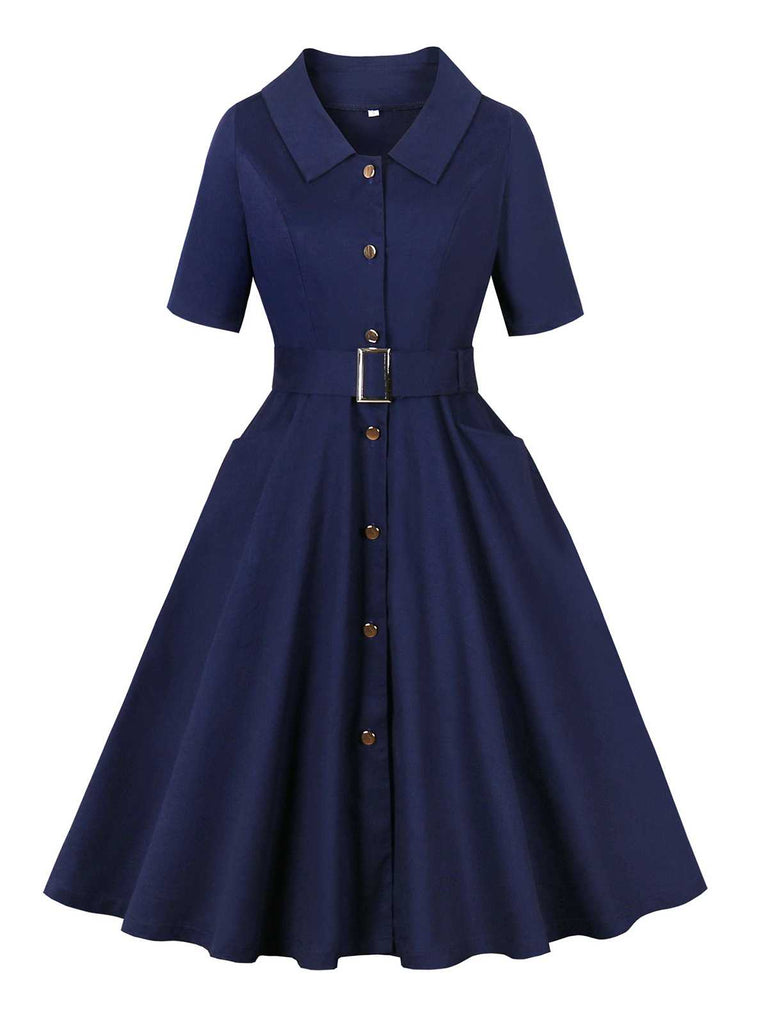 She slips into this Dark Blue 1950s Peter Pan Collar Belted Dress and suddenly it's a 1950s daydream