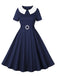 She slips into this Dark Blue 1950s Peter Pan Collar Solid Dress and suddenly it's a 1950s daydream
