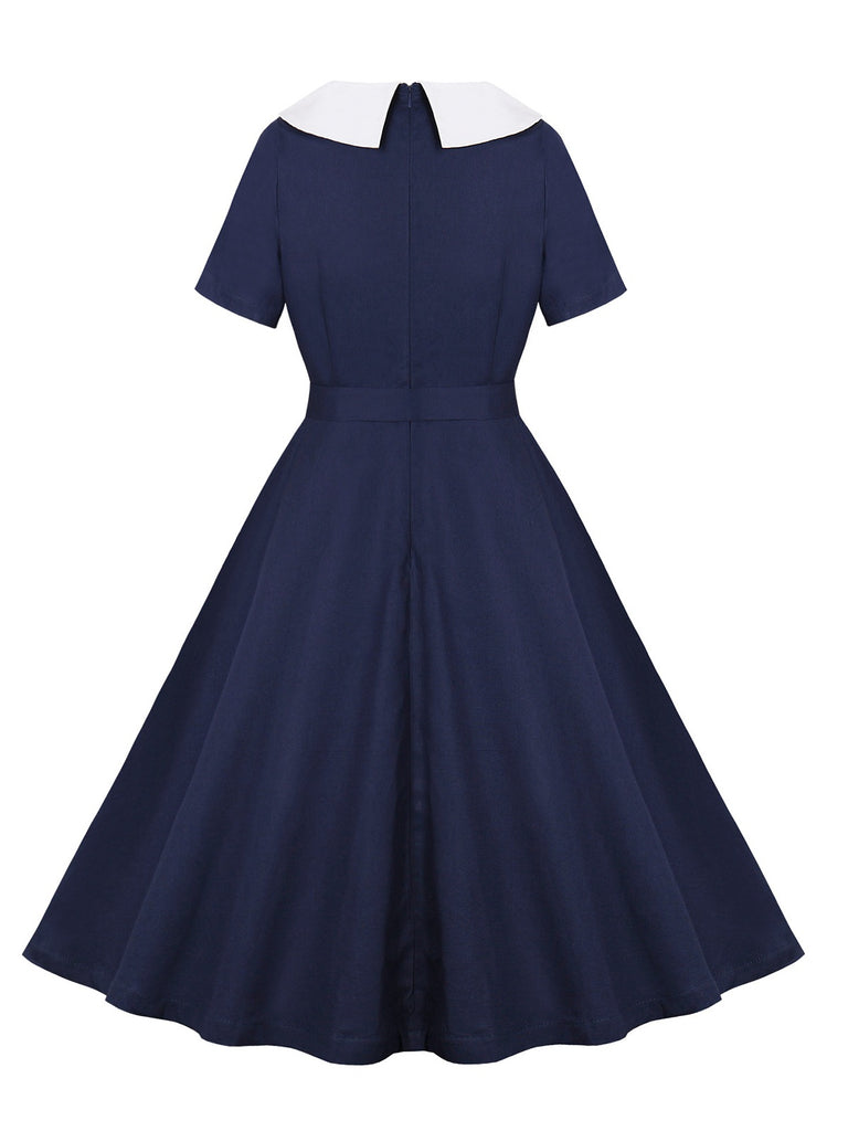 Dark Blue 1950s Peter Pan Collar Solid Dress: where 1950s romance meets her modern spirit