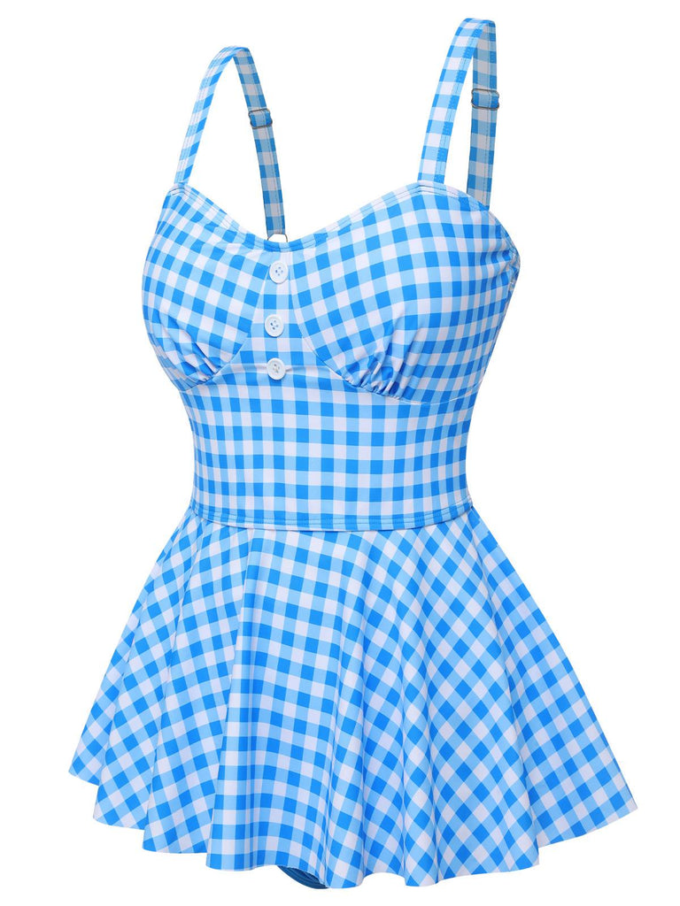 Dark Blue 1950s Plaid Spaghetti Strap Swimsuit, vintage swimsuit, pin-up swimwear - perfect for women who love vintage and retro fashion