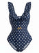 Dark Blue 1950s Polka Dot Ruffled V-Neck One-Piece Swimsuit, vintage swimsuit, pin-up swimwear - perfect for women who love vintage and retro fashion