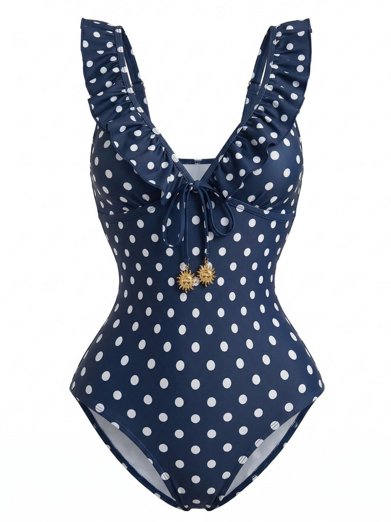 Dark Blue 1950s Polka Dot V-Neck One Piece - vintage fashion, retro style