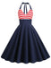 She slips into this Dark Blue 1950s Red & White Stripes Halter Dress and suddenly it's a 1950s daydream