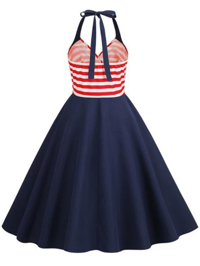 Dark Blue 1950s Red & White Stripes Halter Dress: where 1950s romance meets her modern spirit