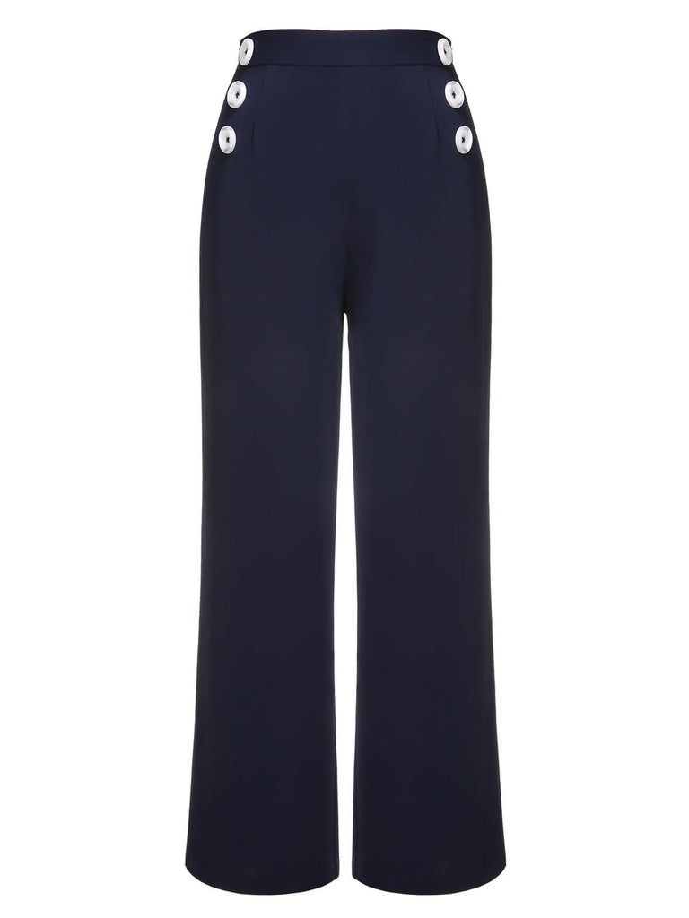 Dark Blue 1950s Solid Button Straight Pants, vintage fashion, retro style - perfect for women who love vintage and retro fashion