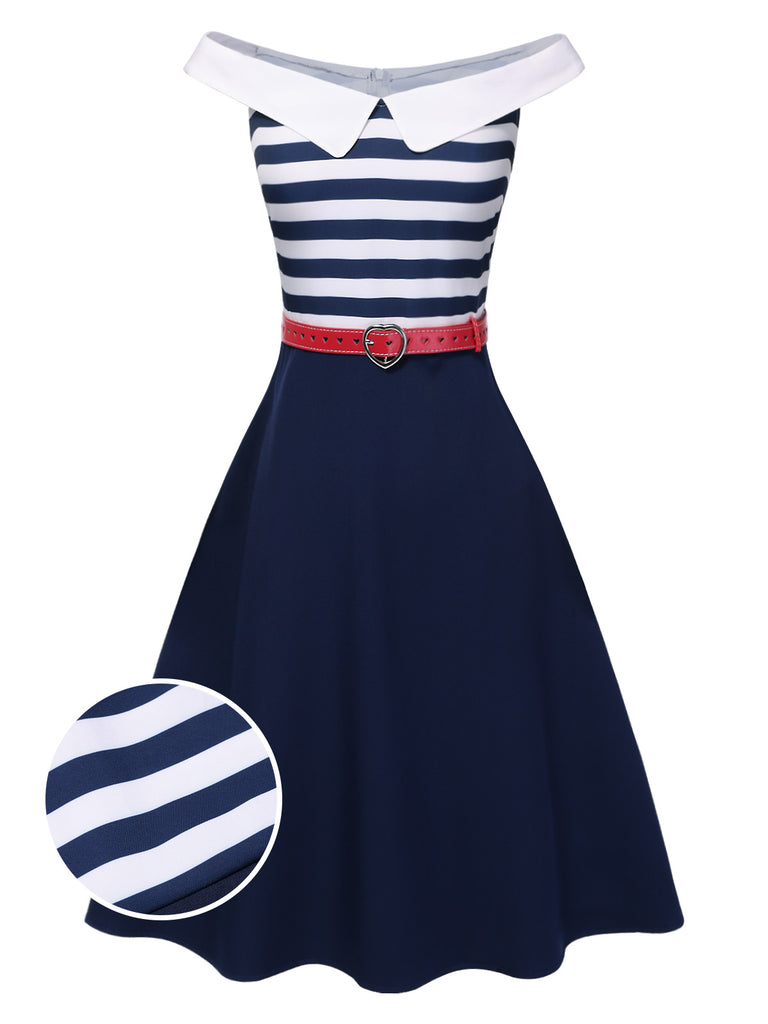 Dark Blue 1950s Striped Off-Shoulder Dress, vintage dress, retro fashion, rockabilly, pin-up fashion - perfect for women who love vintage and retro fashion