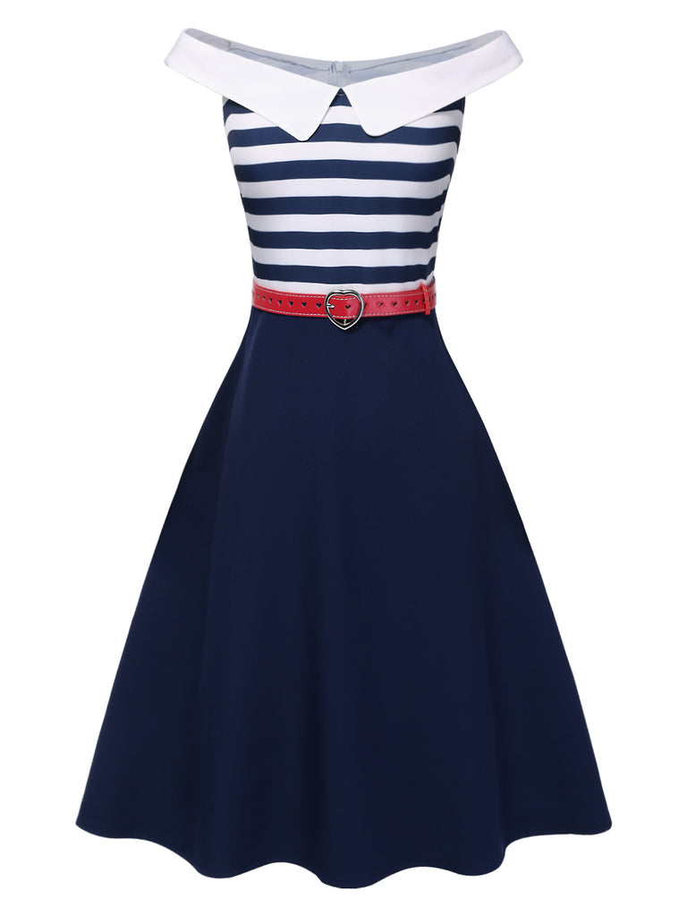 Dark Blue 1950s Striped Off-Shoulder Dress | Retro Stage Dark Blue 1950s Striped Off-Shoulder Dress | Retro Stage
