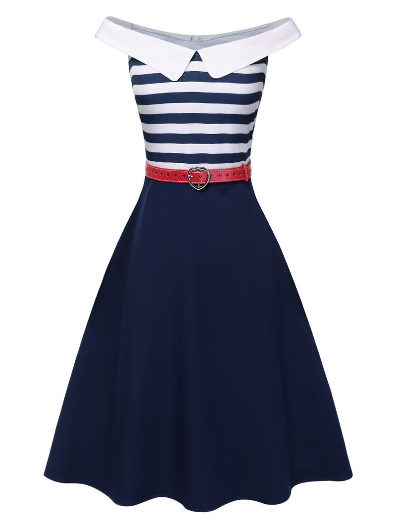 old navy striped off the shoulder dress Retro Stage 1950S Navy & White Striped Sailor Swing Dress with Belt