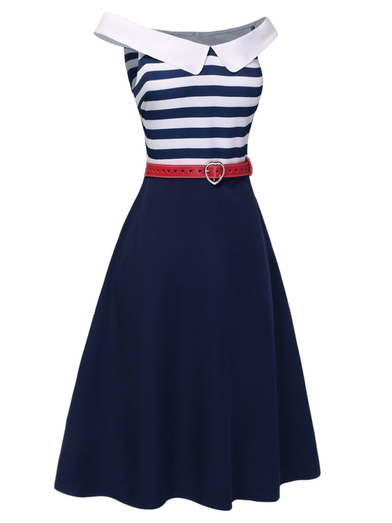 Dark Blue 1950s Striped Off-Shoulder Dress, vintage dress, retro fashion, rockabilly, pin-up fashion - perfect for women who love vintage and retro fashion