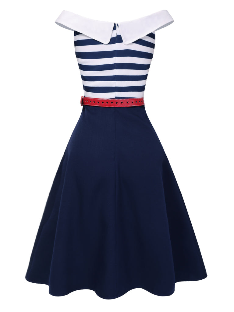 Dark Blue 1950s Striped Off-Shoulder Dress, vintage dress, retro fashion, rockabilly, pin-up fashion - perfect for women who love vintage and retro fashion