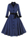She slips into this Dark Blue 1950s Striped Patchwork Belted Dress and suddenly it's a 1950s daydream