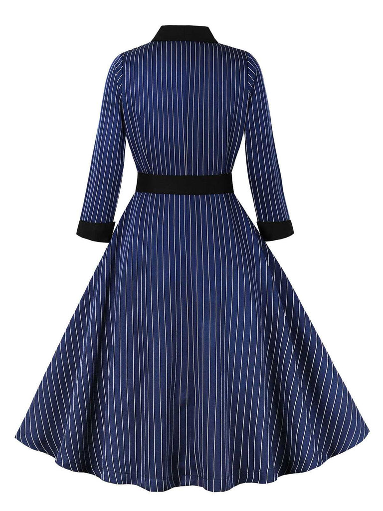 Dark Blue 1950s Striped Patchwork Belted Dress: where 1950s romance meets her modern spirit