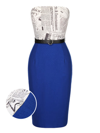 She slips into this Dark Blue 1960s Bandeau Newspaper Belted Pencil Dress and suddenly it's a 1960s daydream
