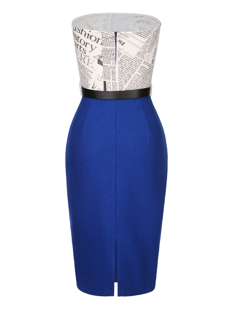 Dark Blue 1960s Bandeau Newspaper Belted Pencil Dress — the kind of 1960s dress that makes strangers smile