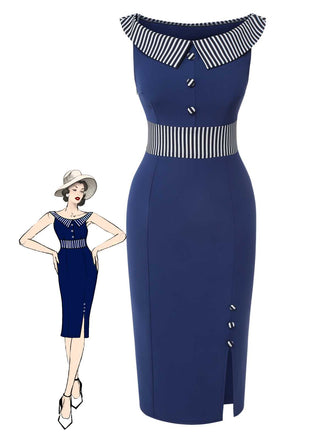 She slips into this Dark Blue 1960s Buttoned Stripes Dress and suddenly it's a 1960s daydream