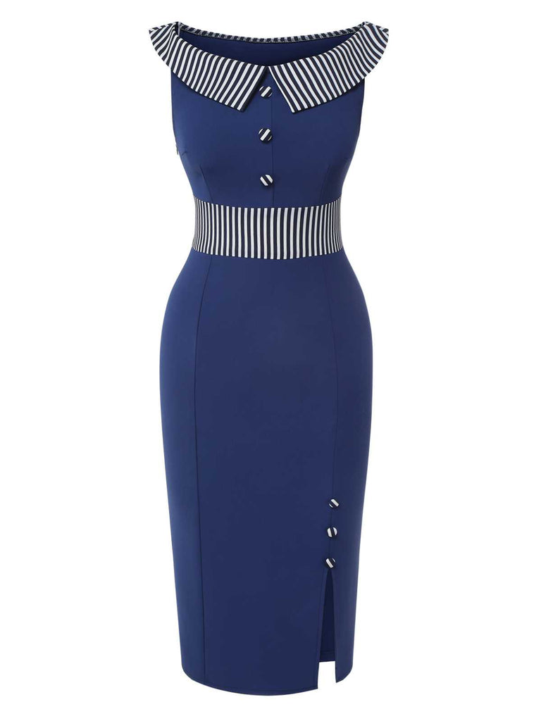 blue dress strip Dark Blue 1960s Buttoned Stripes Dress