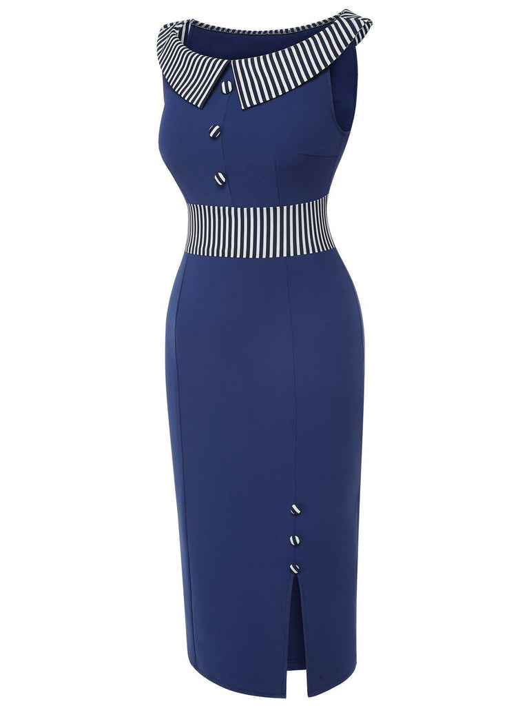 slim fit dress slacks Dark Blue 1960s Buttoned Stripes Dress