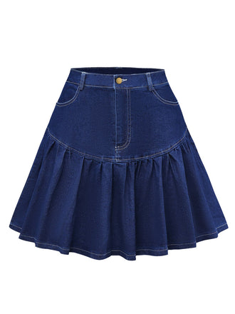She sways in this Dark Blue 1960s Ruffled Denim Skirt and it's pure 1960s magic