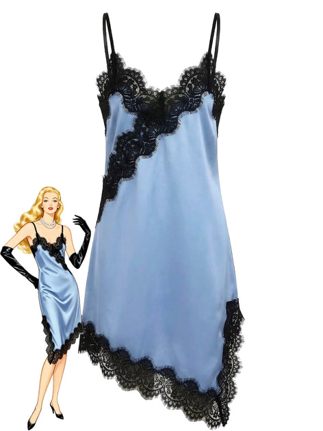 blue nightgown dress Dark 1960s Satin Lace Spaghetti Strap 70m/57 tall Color:Pure Black Tina Holly Couture T0520 IXD6695
