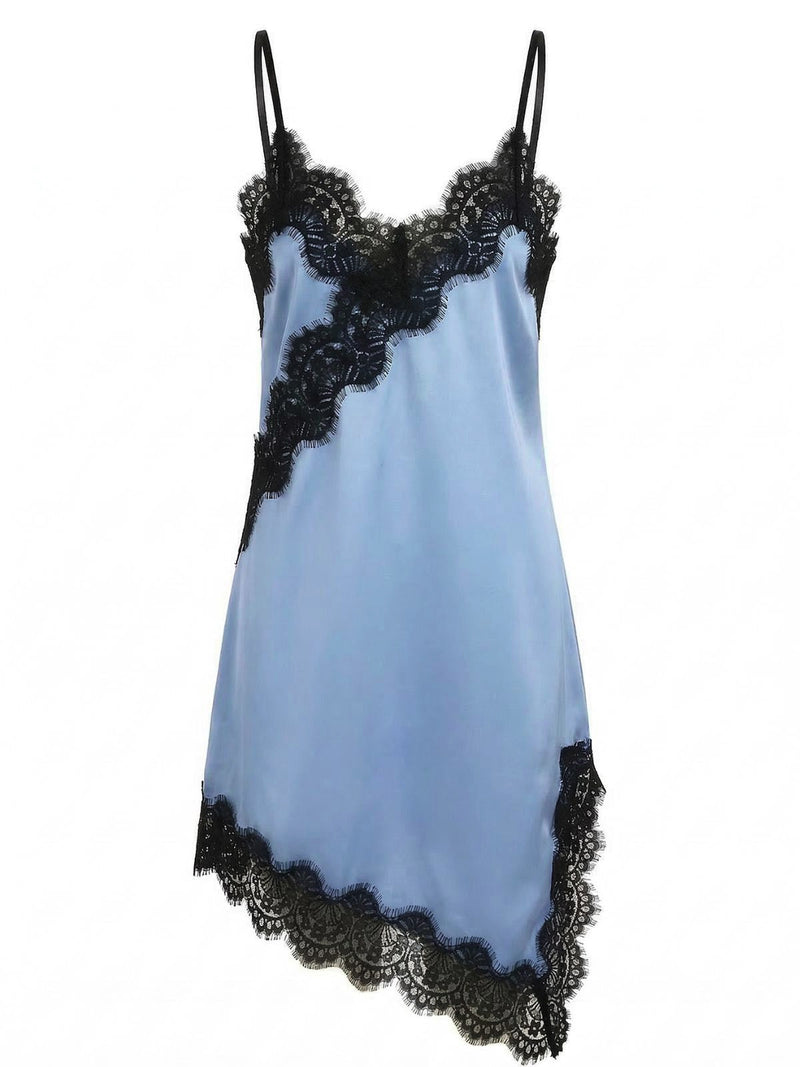 Dark Blue 1960s Satin Lace Spaghetti Strap Nightgown