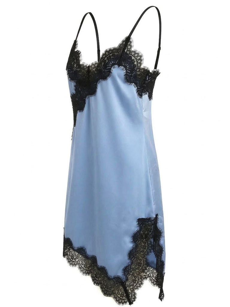 Dark Blue 1960s Satin Lace Spaghetti Strap Nightgown