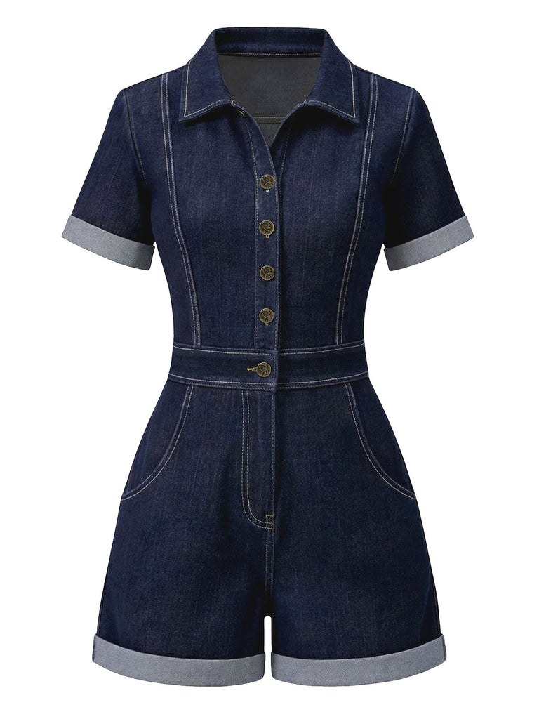 Dark Blue 1960s Shirt Collar Denim Romper - vintage jumpsuit, retro fashion