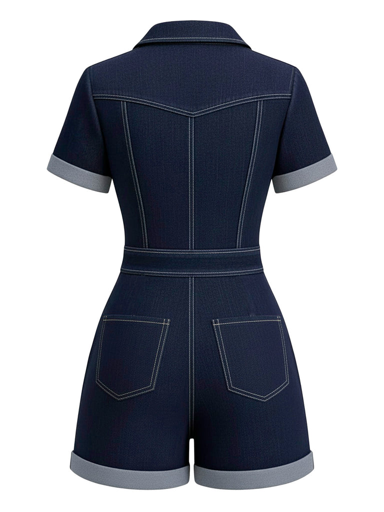 Dark Blue 1960s Shirt Collar Denim Romper - vintage jumpsuit, retro fashion