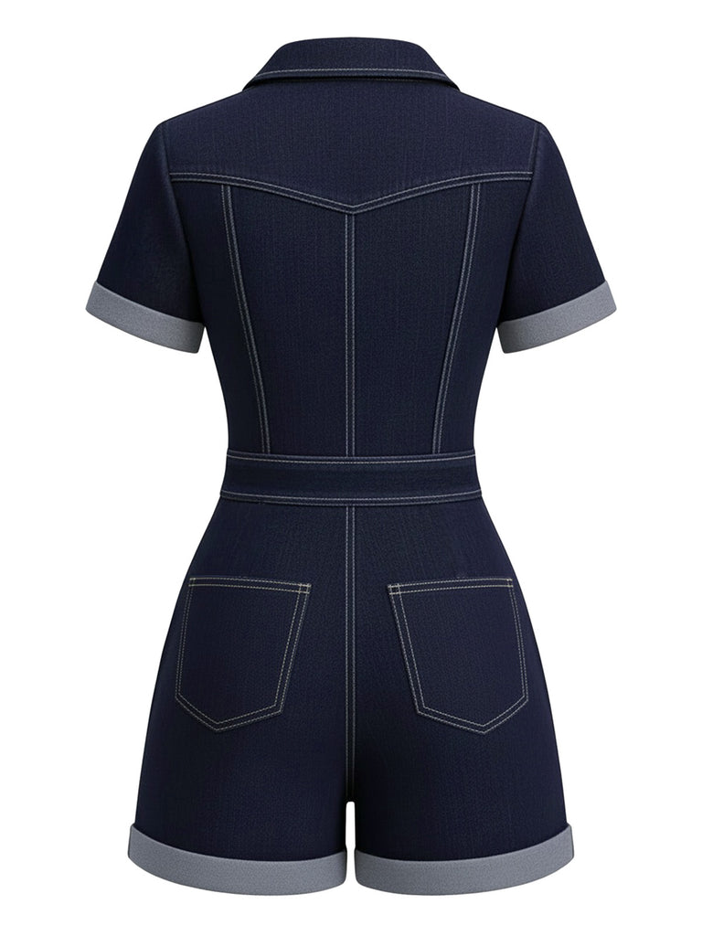 Navy blue romper with gray trim on a white background