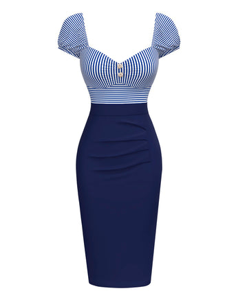 She slips into this Dark Blue 1960s Striped Puff Sleeves Pencil Dress and suddenly it's a 1960s daydream