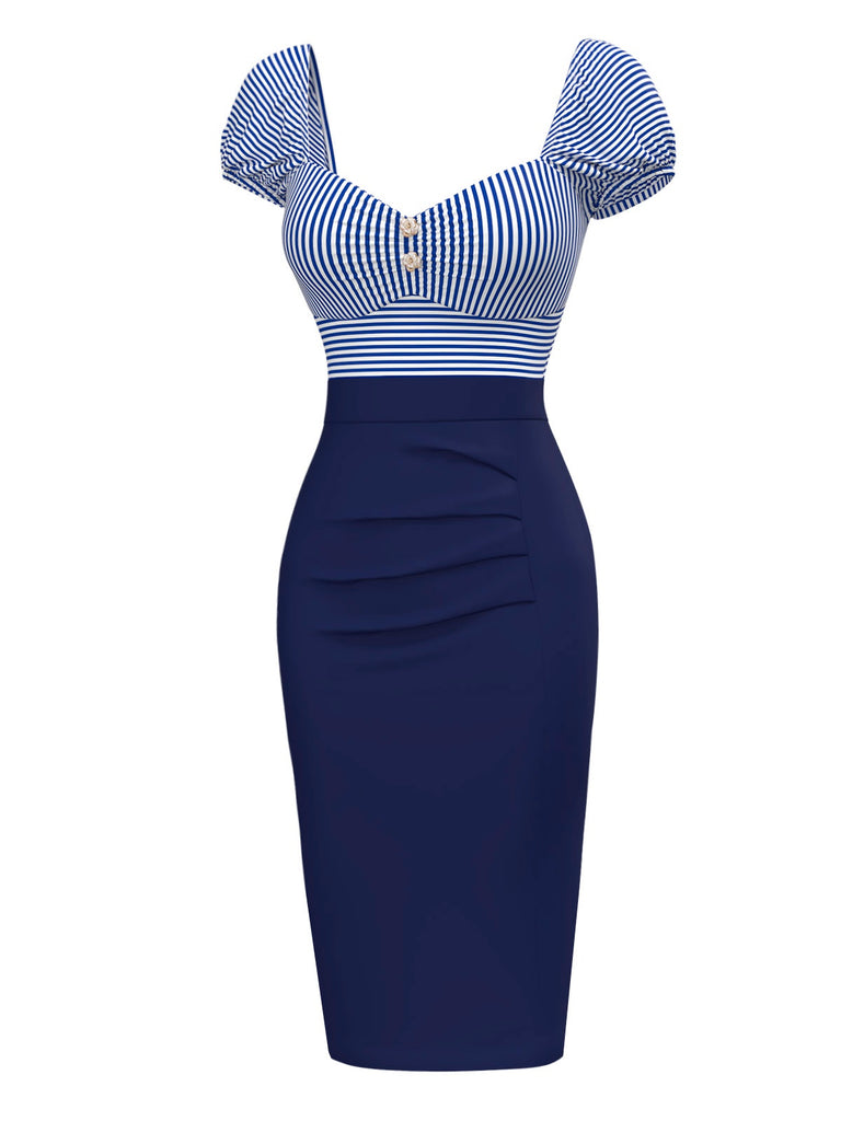 Dark Blue 1960s Striped Puff Sleeves Pencil Dress: where 1960s romance meets her modern spirit