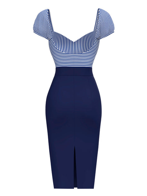 navy blue pencil dress Retro Stage Nautical Sailor Style Striped Puff Sleeves Dress Dark Blue&White including cocktail parties and Bcx Juniors' 3D Floral Luxury Satin Colors:Teal collection: top-party-picks