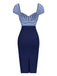 This Dark Blue 1960s Striped Puff Sleeves Pencil Dress wraps her in 1960s elegance, one twirl at a time