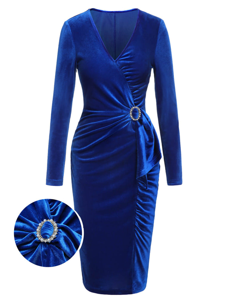 Dark Blue 1960s V-Neck Pleated Velvet Dress | Retro Stage Dark Blue 1960s V-Neck Pleated Velvet Dress | Retro Stage