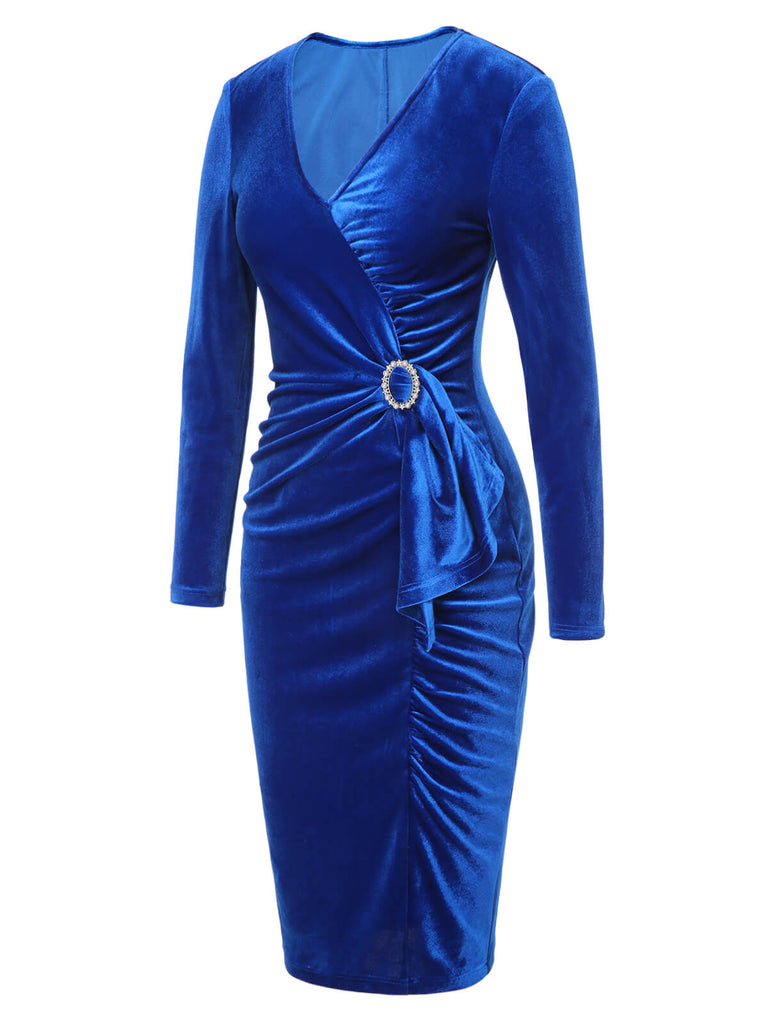 open lace back dress Dark Blue 1960s V-Neck Pleated Velvet Dress
