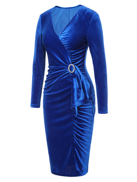 Dark Blue 1960s V-Neck Pleated Velvet Dress