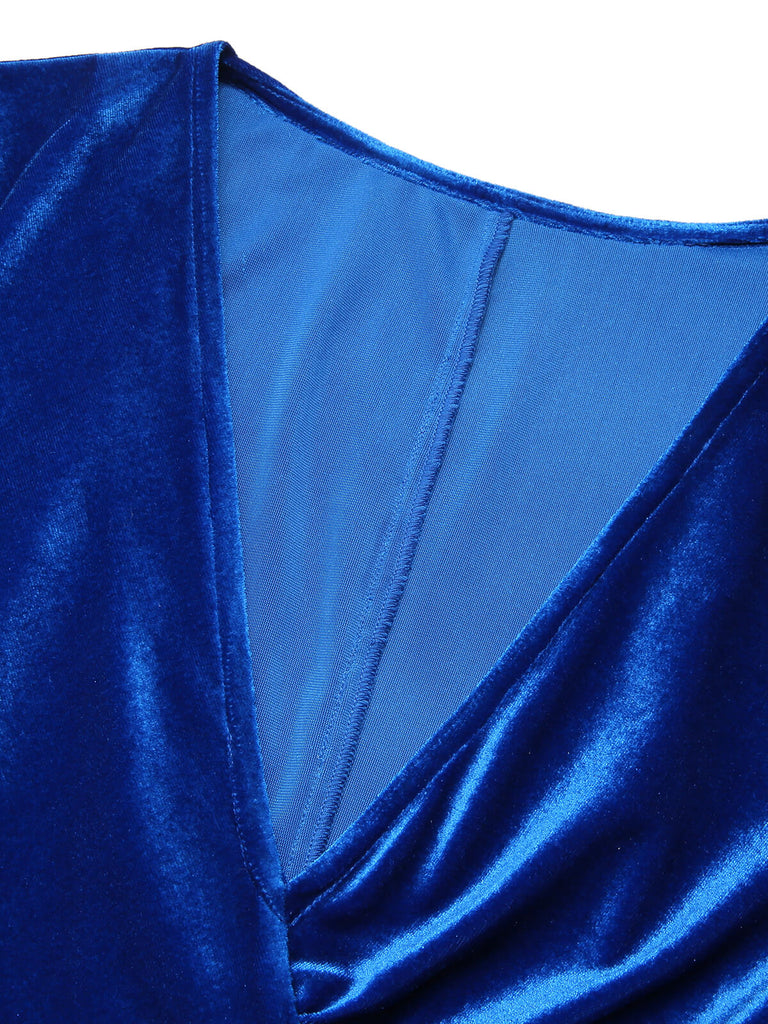 velvet blue dress zara Dark Blue 1960s V-Neck Pleated Velvet Dress