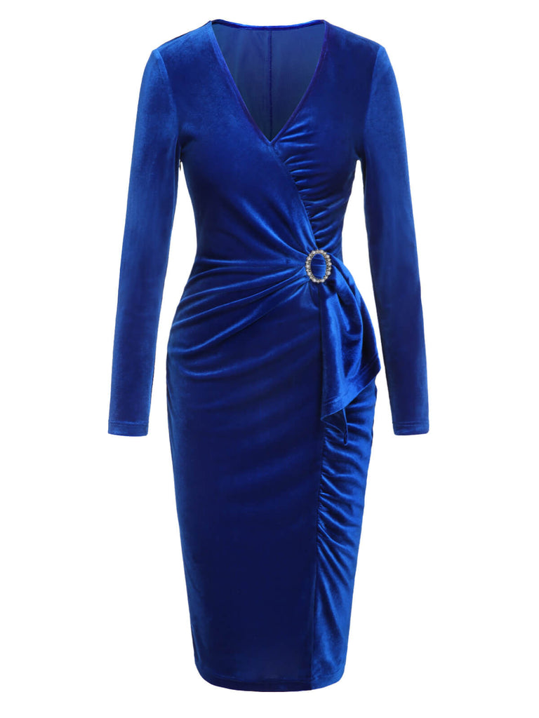 Dark Blue 1960s V-Neck Pleated Velvet Dress Dark Blue 1960s V-Neck Pleated Velvet Dress
