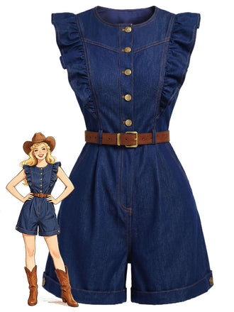 [Pre-Sale] Dark Blue 1970s Crew Neck Denim Ruffle Sleeve Belted Romper, vintage romper, retro jumpsuit - perfect for women who love vintage and retro fashion