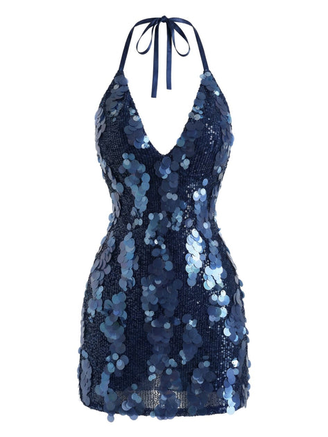 Homecoming Dress 2026 Sequined Halter V-neck Slip Mini Dress for Party Dark Blue