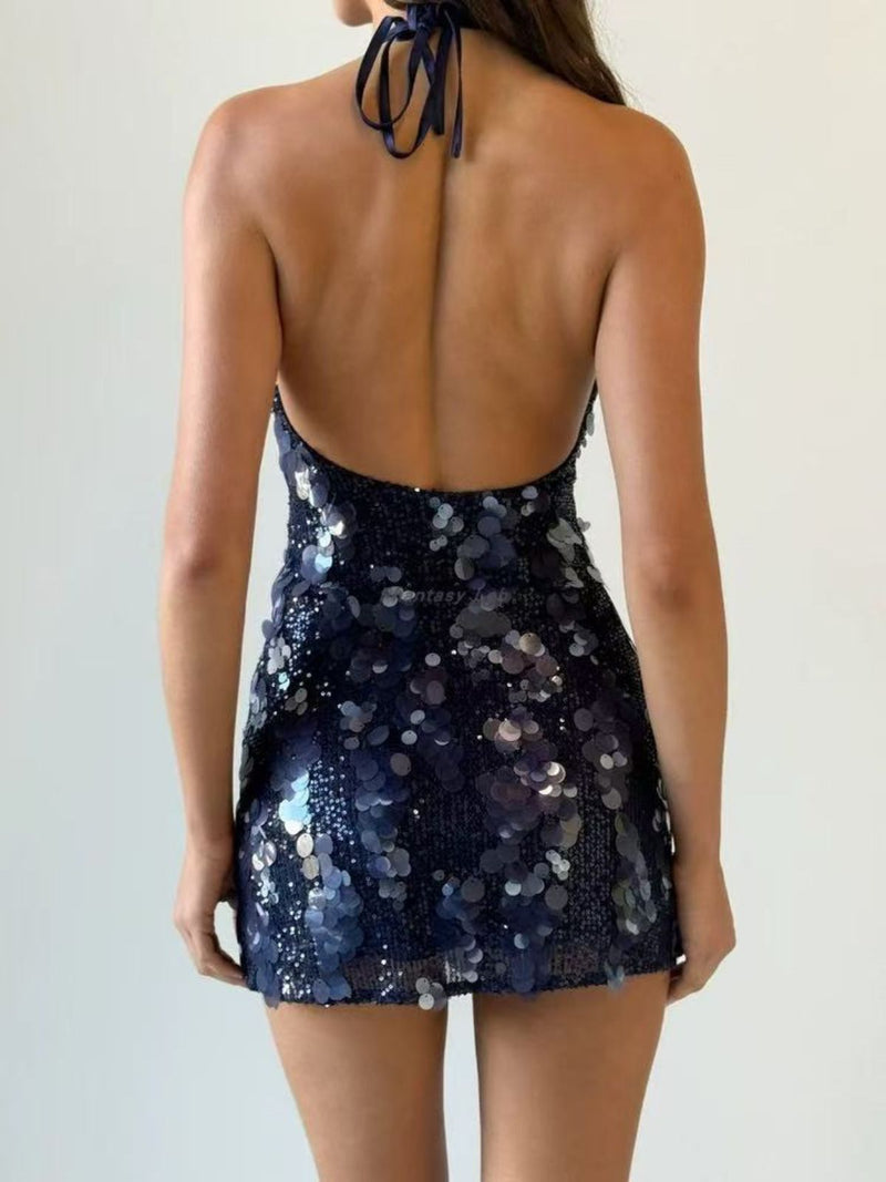 Women's Sequined Halter V-neck Slip Mini Dress for Party Dark Blue