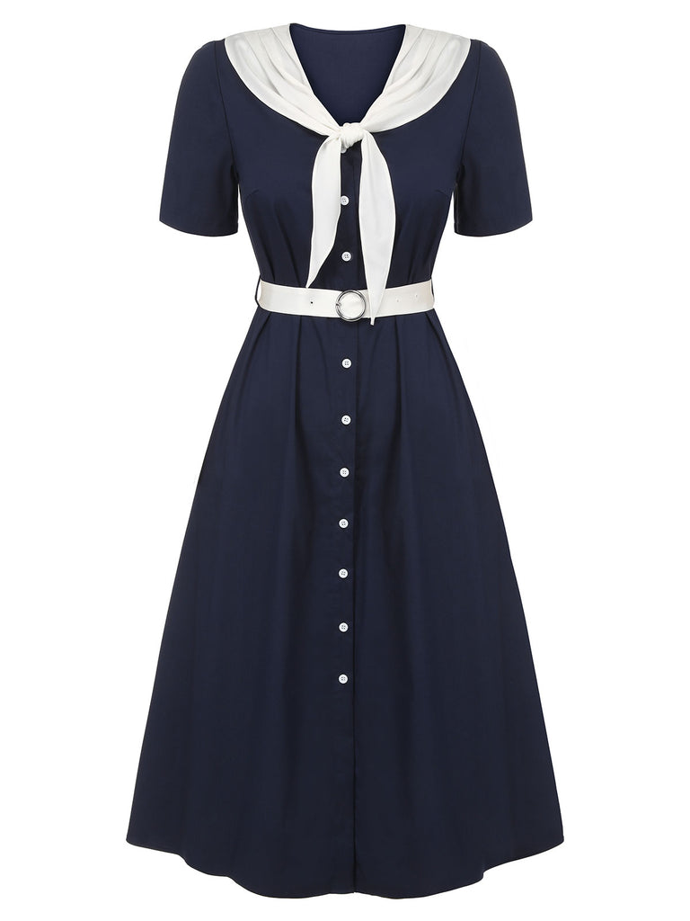 Dark Blue & White 1940s Sailor Collar Dress | Retro Stage Dark Blue & White 1940s Sailor Collar Dress | Retro Stage