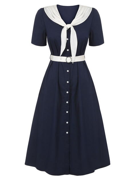 Retro Stage Sailor Collar Belted Dress Casual Ladies Sailor Outfit Dark Blue & White