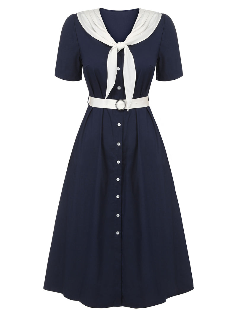 Retro Stage Sailor Collar Belted Dress Casual Ladies Sailor Outfit Dark Blue & White