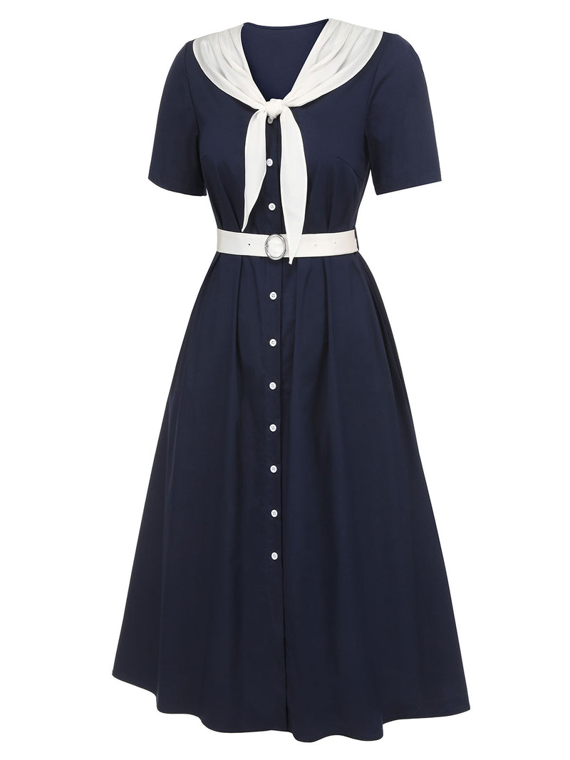 vintage sailor dress Retro Stage Sailor Collar Belted Dress Casual Ladies Sailor Outfit Dark Blue & White