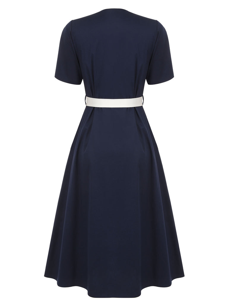 Dark Blue & White 1940s Sailor Collar Dress