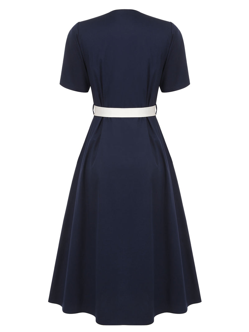 Retro Stage Sailor Collar Belted Dress Casual Ladies Sailor Outfit Dark Blue & White Retro Stage Sailor Collar Belted Dress Casual Ladies Sailor Outfit Dark Blue & White