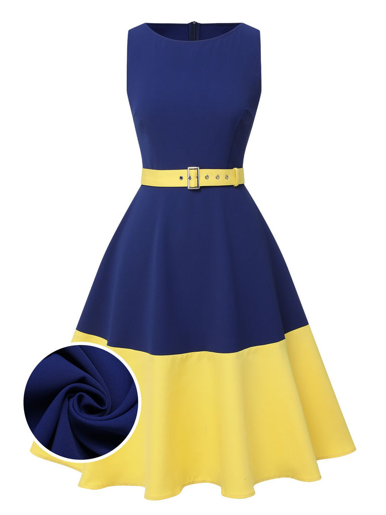 Dark Blue & Yellow 1950s Solid Boat Neck Dress | Retro Stage Dark Blue & Yellow 1950s Solid Boat Neck Dress | Retro Stage