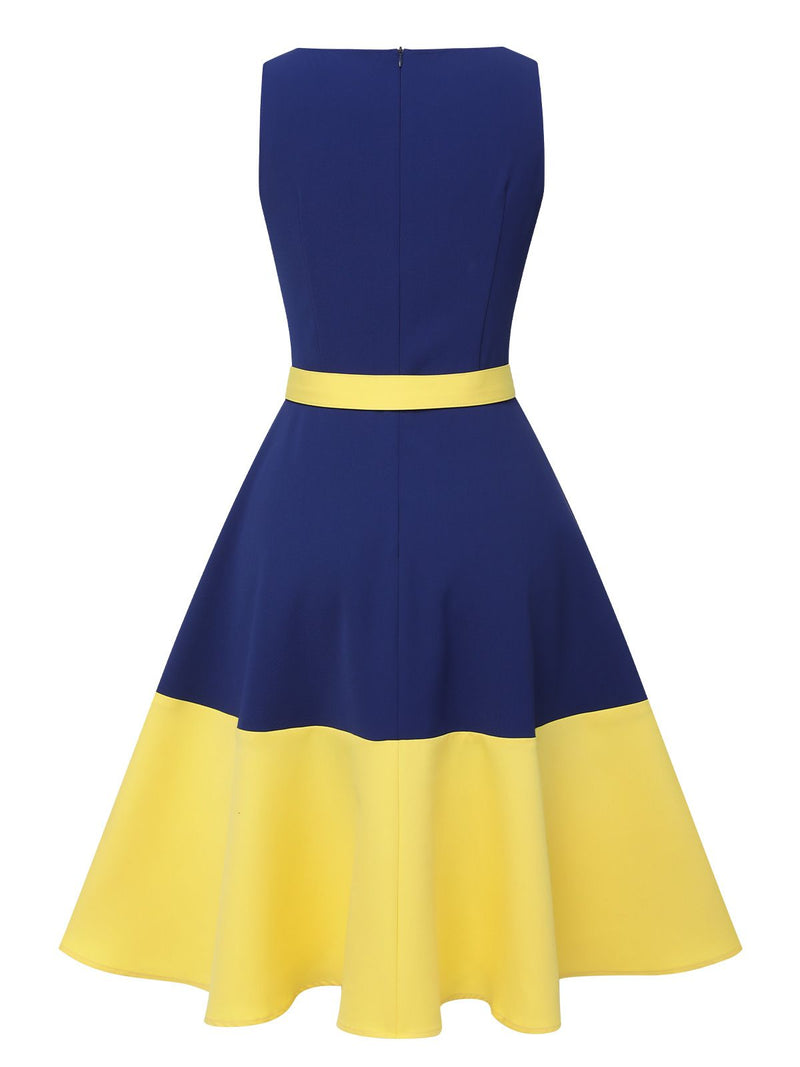 Dark Blue & Yellow 1950s Solid Boat Neck Dress