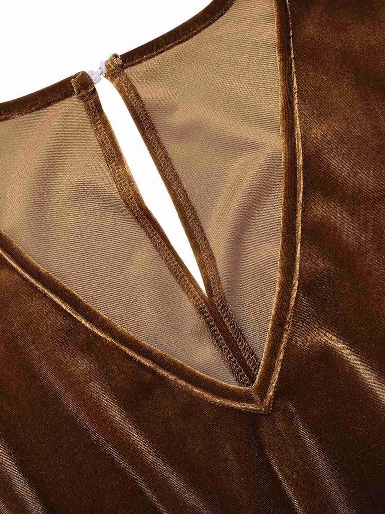 Dark Brown 1930s Solid V-Neck Velvet Jumpsuit, vintage romper, retro jumpsuit - perfect for women who love vintage and retro fashion