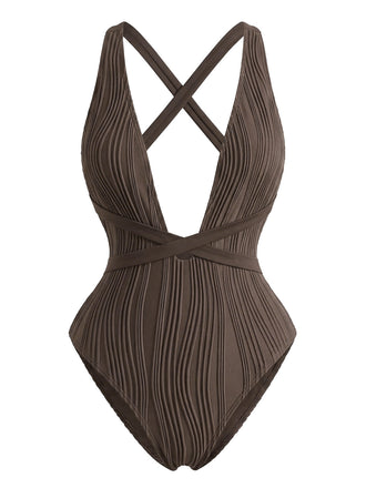 Dark Brown 1950s Cross Belt Backless One-Piece Swimsuit